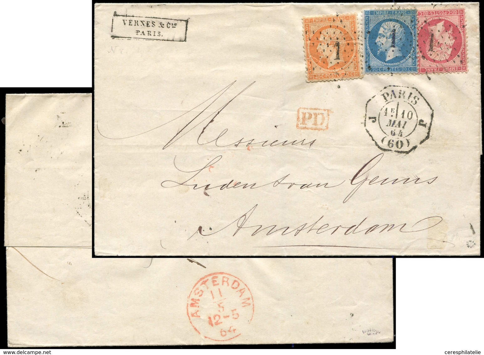 Let LETTRES DE PARIS - N°22, 23 Et 24 Obl. Etoile 1 S. LSC, Càd Octog. LEX J PARIS J 10/5/64, Arr. AMSTERDAM, TTB - 1849-1876: Période Classique