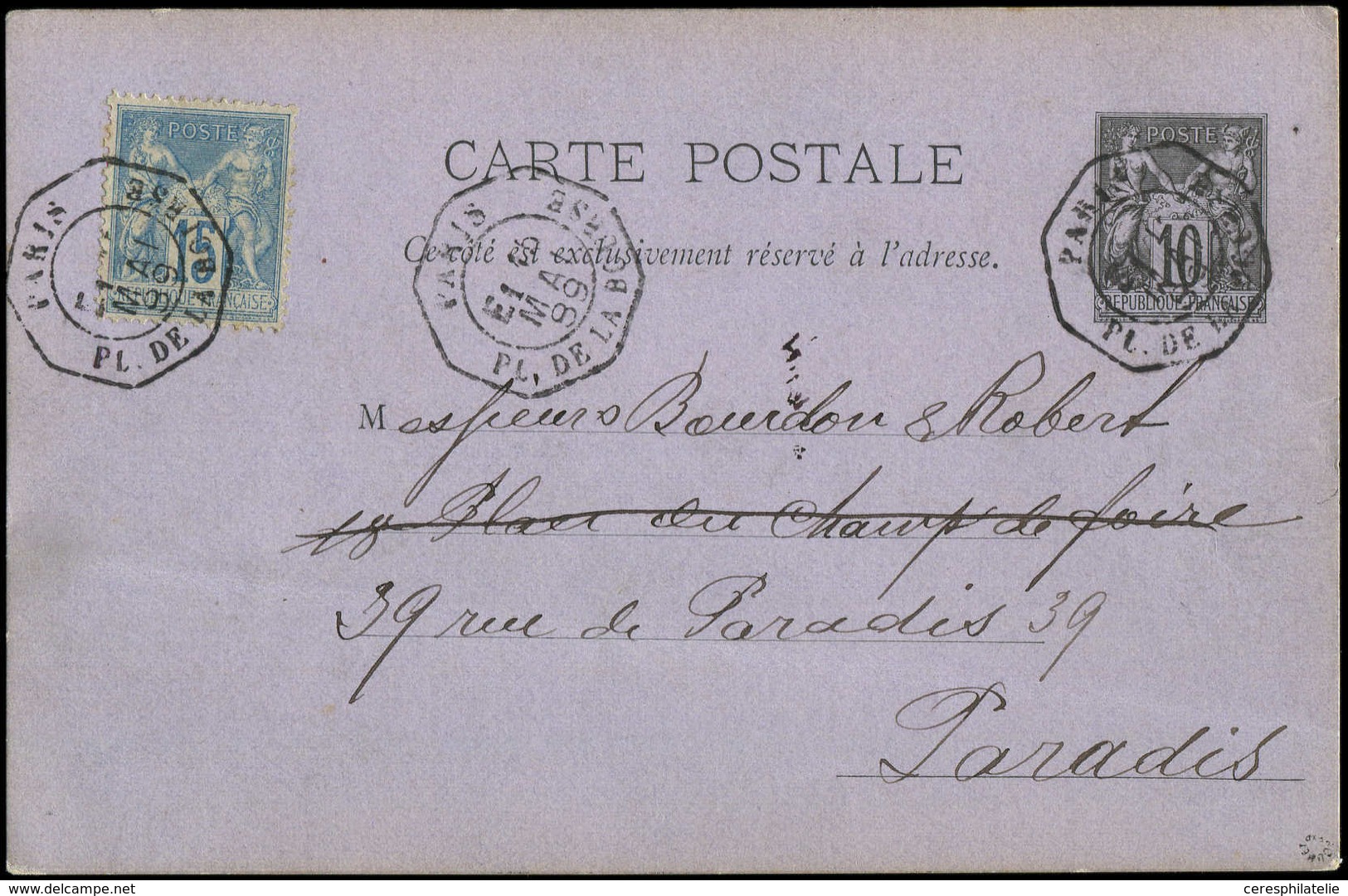 Let LETTRES DE PARIS - CP Entier 10c. Affr. N°90 Obl. Càd Octog. LEX PL. De La BOURSE 15/5/99, TTB - 1849-1876: Classic Period