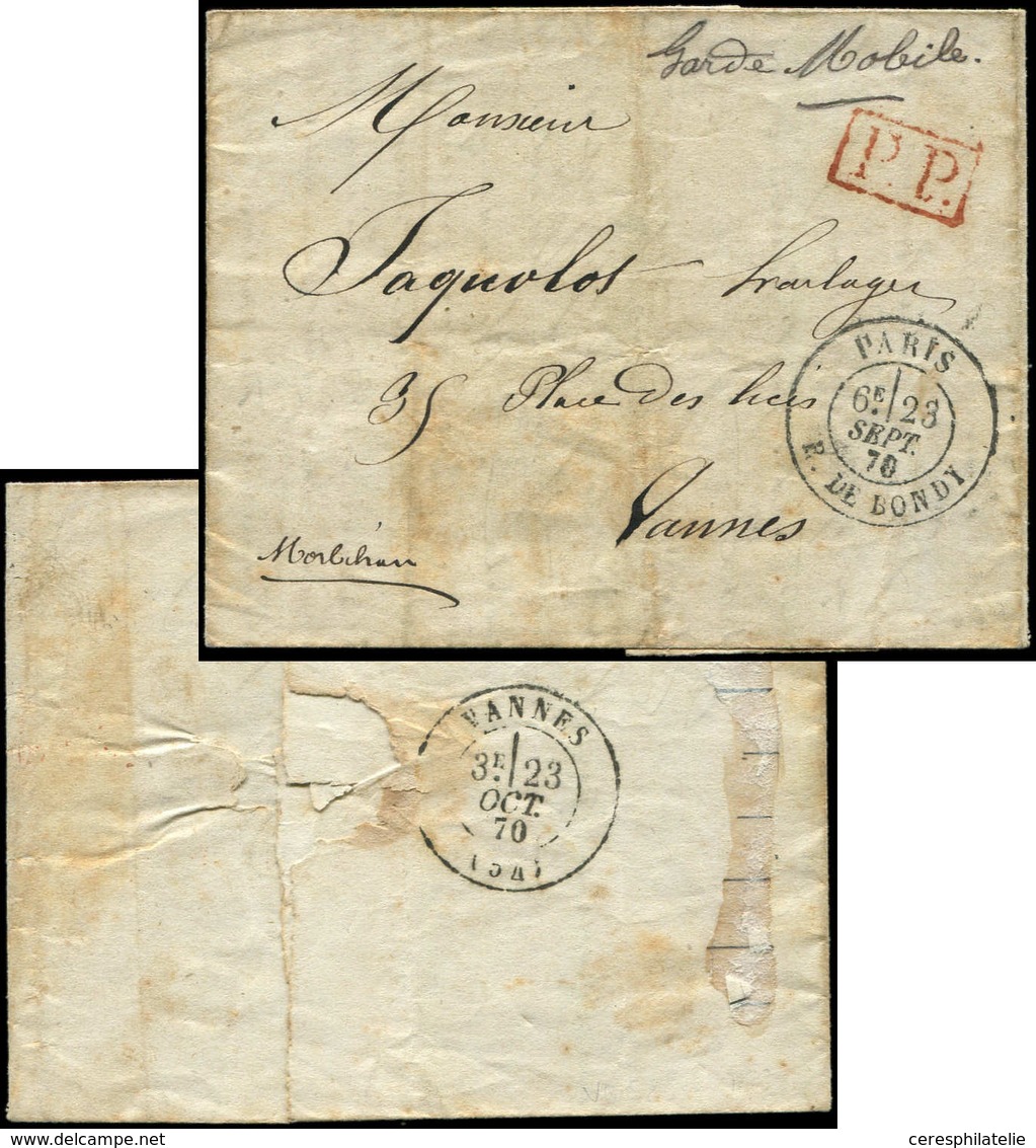 Let BALLONS MONTES - Càd R. De Bondy 23/9/70 S. LAC Avec Griffe "Garde Mobile" Et P.P, Arr. VANNES 23/10, TB - Guerre De 1870