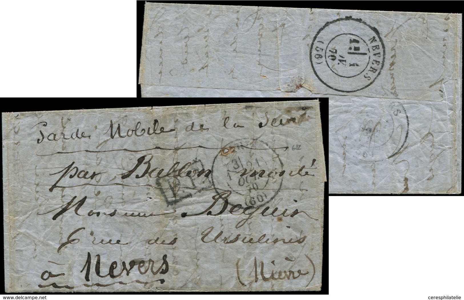 Let BALLONS MONTES - Càd Avec Section 3/1 21/10/70 S. LAC, Griffe "Garde Mobile De La Seine" Et PP, Arr. NEVERS 1/11, TB - Guerre De 1870