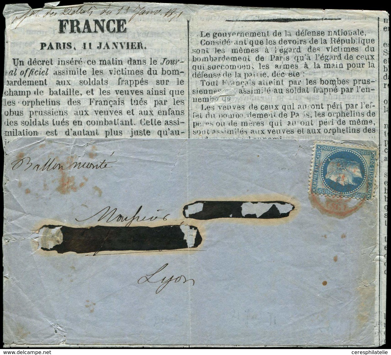 Let BALLONS MONTES - N°29 Obl. Càd Rouge PARIS (SC) 21/1/71 S. "Journal Des Débats Du 13 Janv. 71" Manus., Circulé Sous  - Guerre De 1870