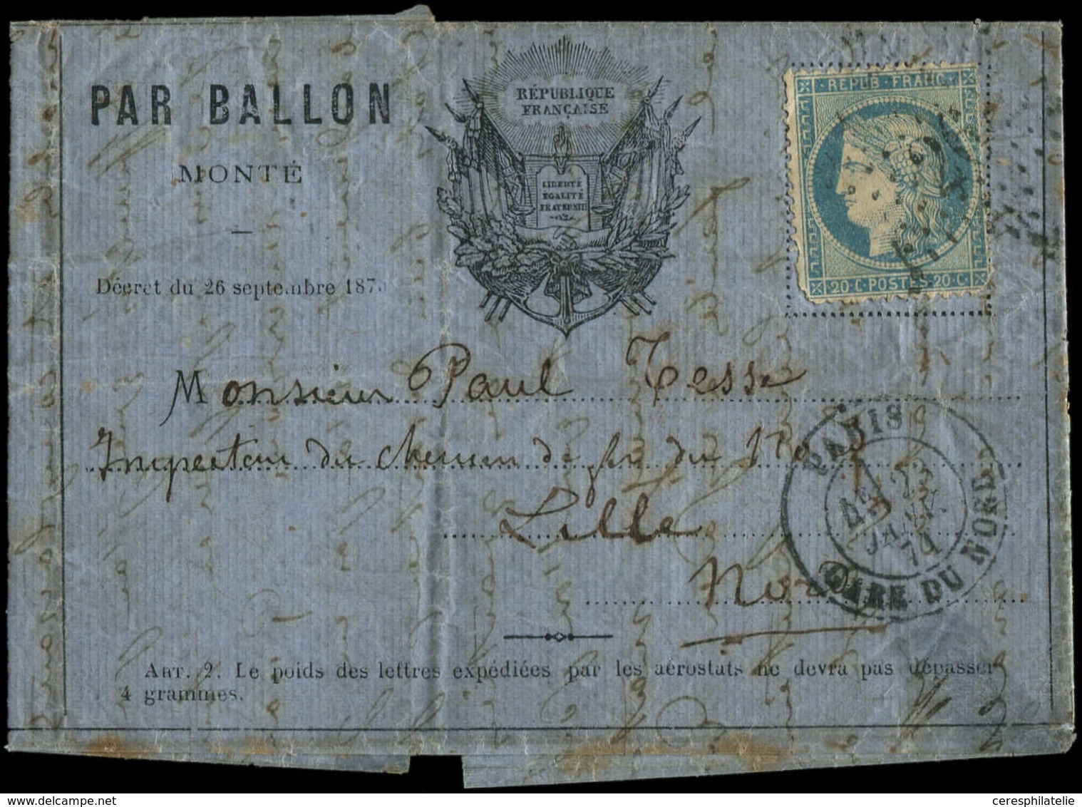 Let BALLONS MONTES - N°37 P.d. Obl. Etoile 26 S. FORMULE AUX DRAPEAUX, Càd Gare Du Nord 23/1/71, Arr. LILLE, TB. LE TORR - Guerre De 1870