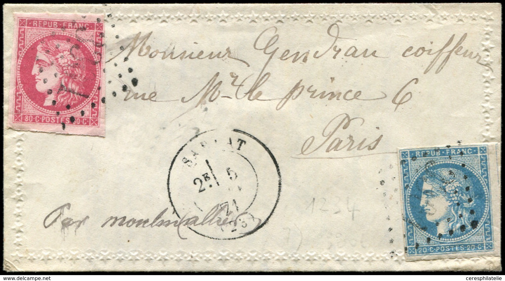 Let Boules De Moulins -  N°45A Et 49 Obl. GC 3301 S. Env. Valentine Avec Correspondance Pour Paris Par Moulins, Càd T17  - Guerre De 1870