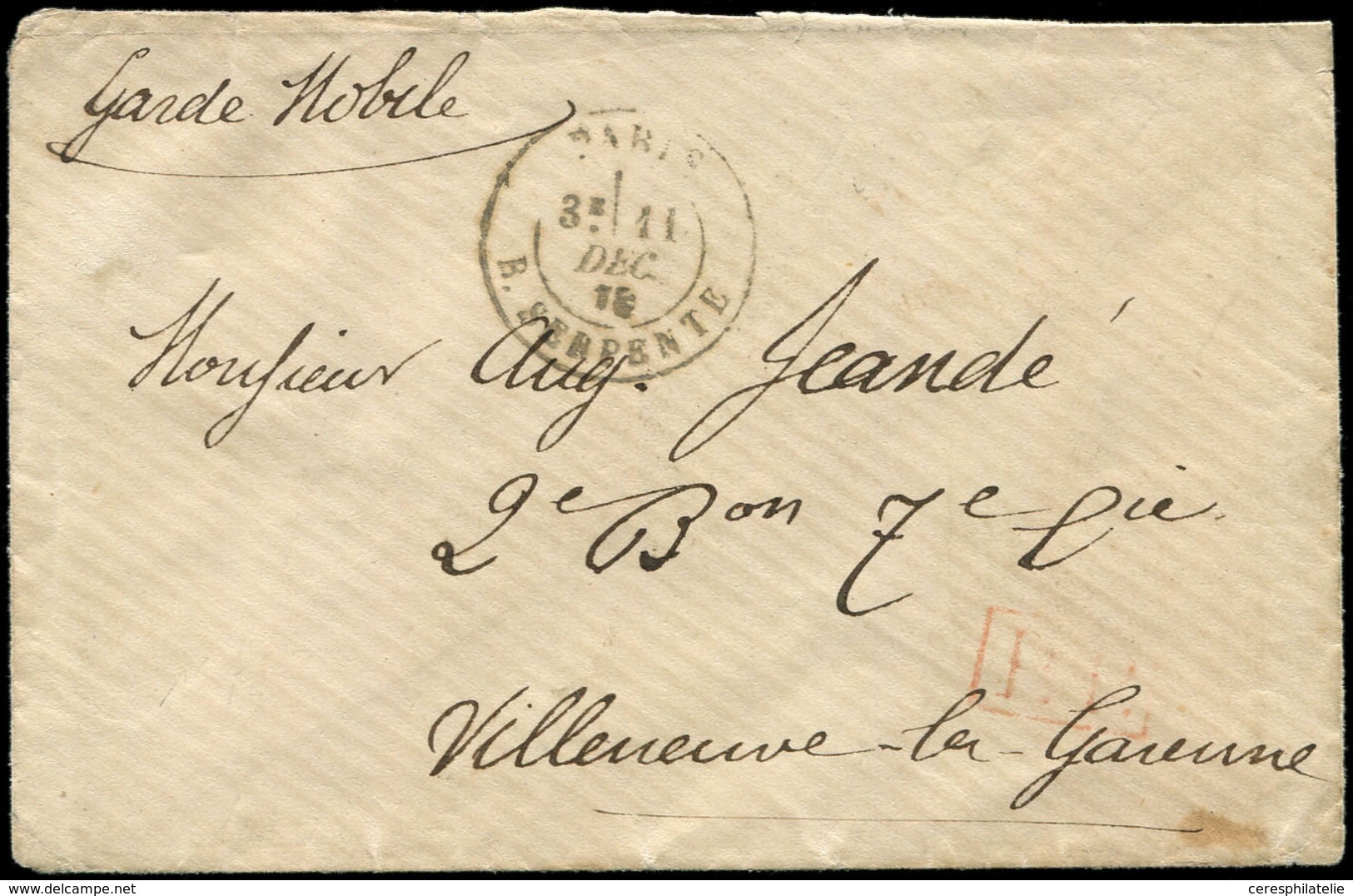 Let Guerre De 1870 -  Càd R. SERPENTE 11/12/70 Sur Env., Cachet Rouge P.P., Mention "Garde Mobile", Pour Villeneuve-La-G - Guerre De 1870