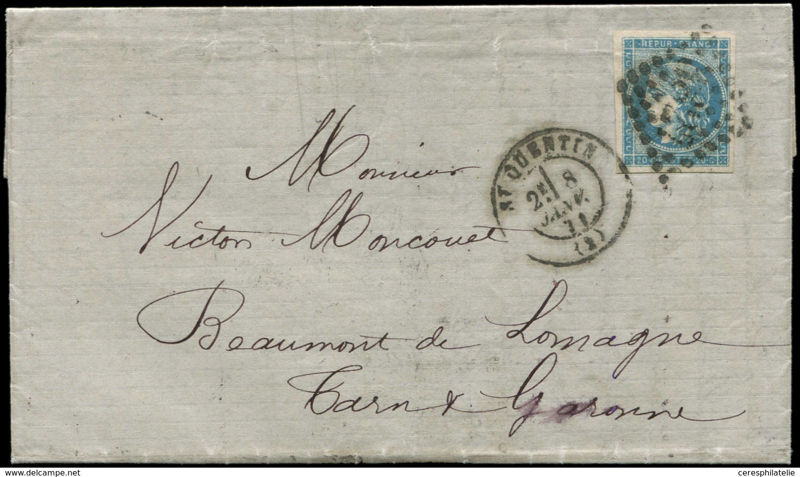 Let Guerre De 1870 -  N°45C Obl. GC 3827 S. LAC, Càd T17 ST QUENTIN 8/1/71 Pour BEAUMONT De LOMAGNE, Lettre De La Zone O - Guerre De 1870