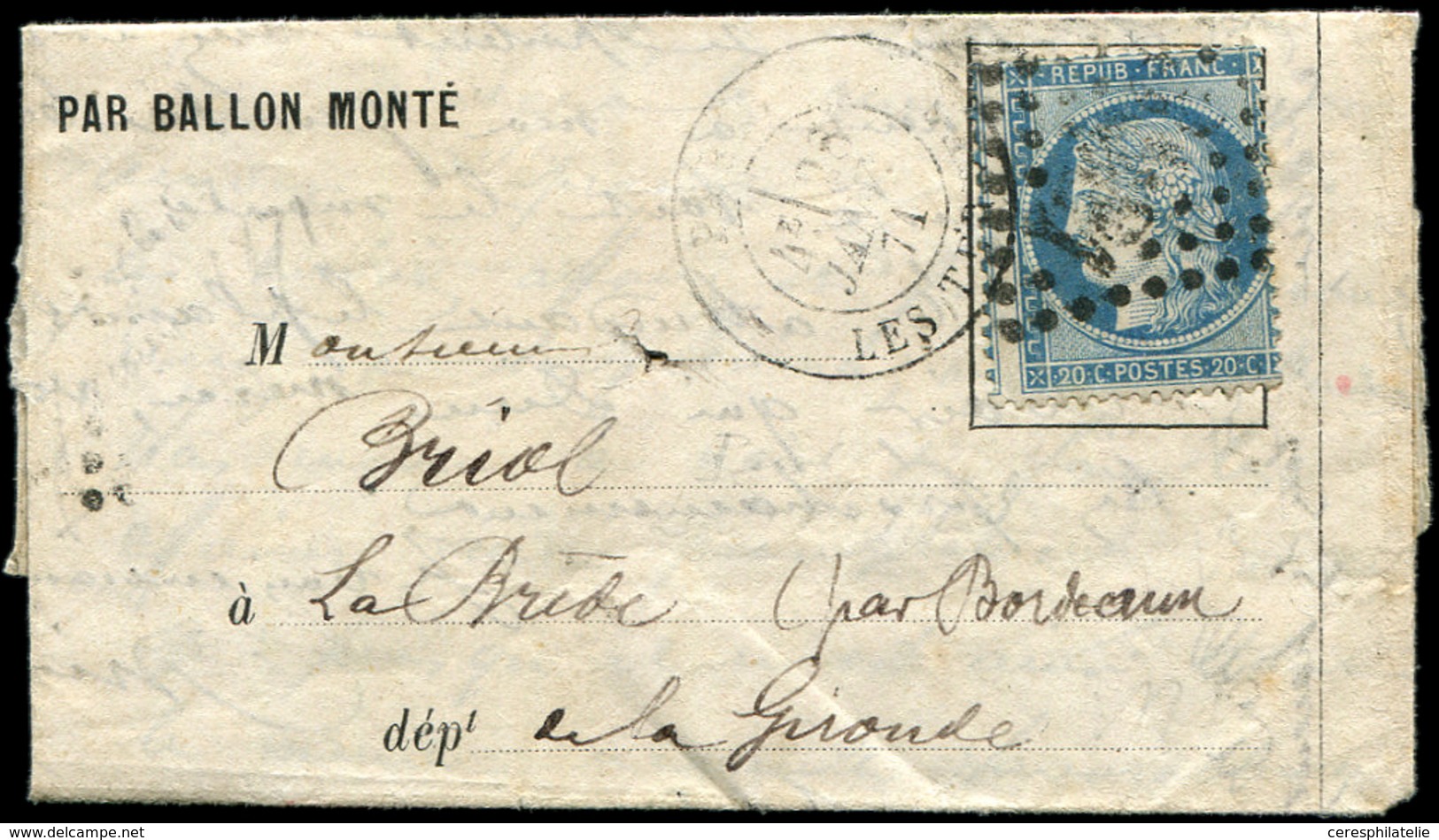 Let Guerre De 1870 -  N°37 Obl. GC 3921 S. Formule Orlandi, Càd LES TERNES 28/1/71, Arr. LA BREDE 10/2 1ère Arrivée Offi - Guerre De 1870