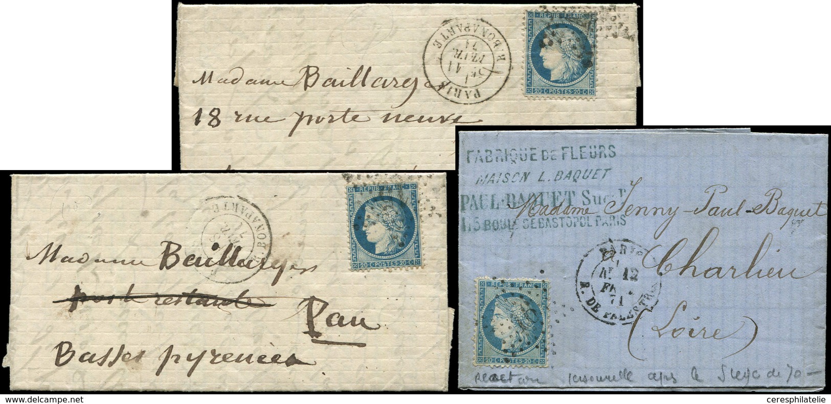 Let Guerre De 1870 -  N°37 S. 3 Lettres De Paris Pour La Province 8, 11 Et 12/2/71, TB - Guerre De 1870
