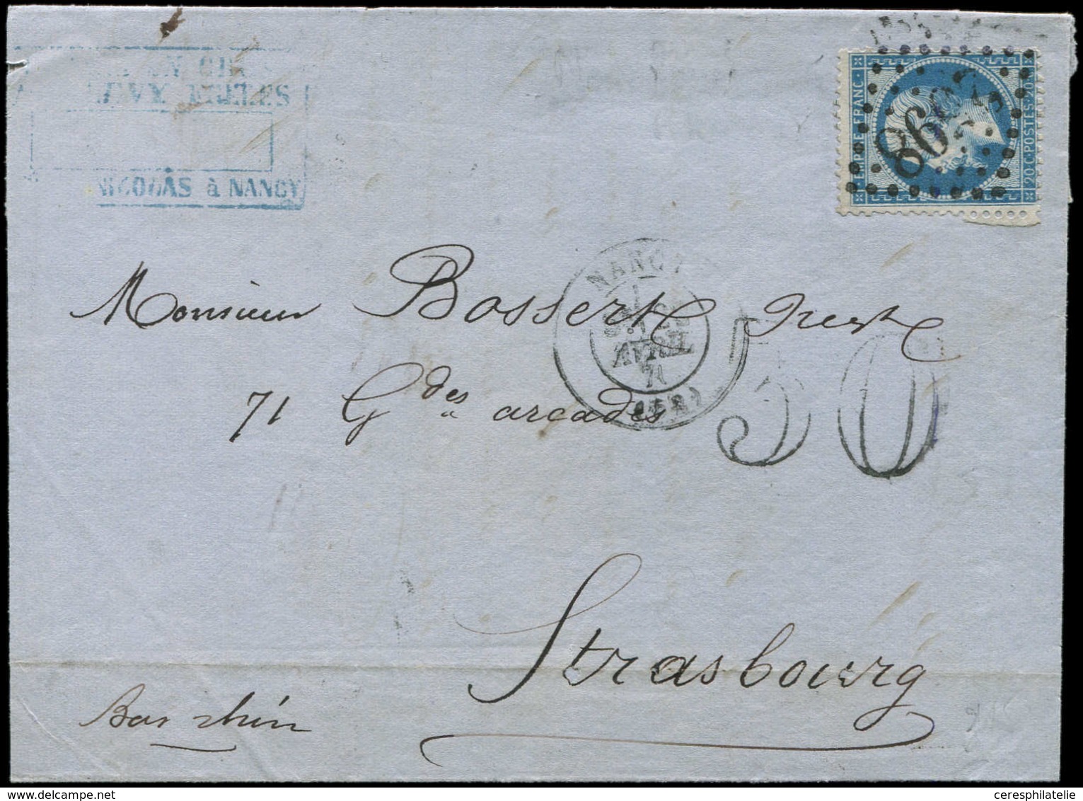 Let Guerre De 1870 -  N°22 Obl. GC 2598 S. LAC, Càd T17 NANCY 22/4/71, Taxe 30 Double Trait, Pour STRASBOURG, TB - Guerre De 1870