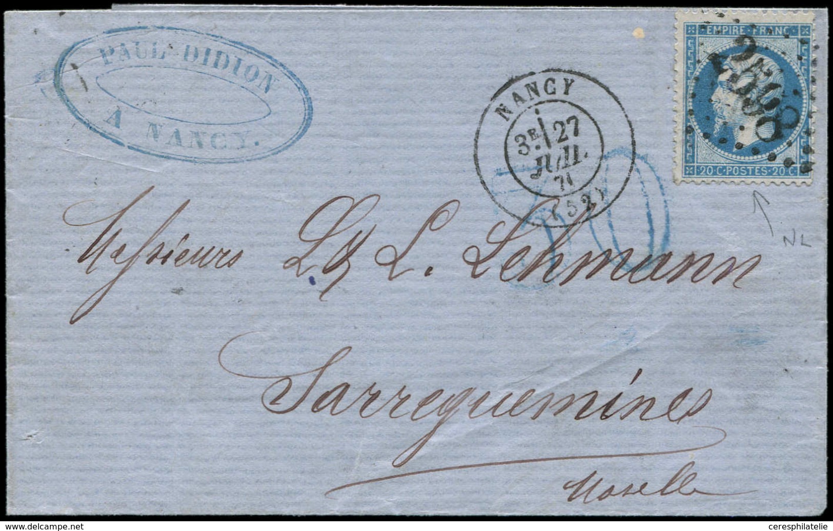 Let Guerre De 1870 -  N°22 Obl. GC 2598 S. LAC, Càd T17 NANCY 27/7/71, Taxe 30 Double Trait En Bleu, Pour SARREGUEMINES, - Guerre De 1870