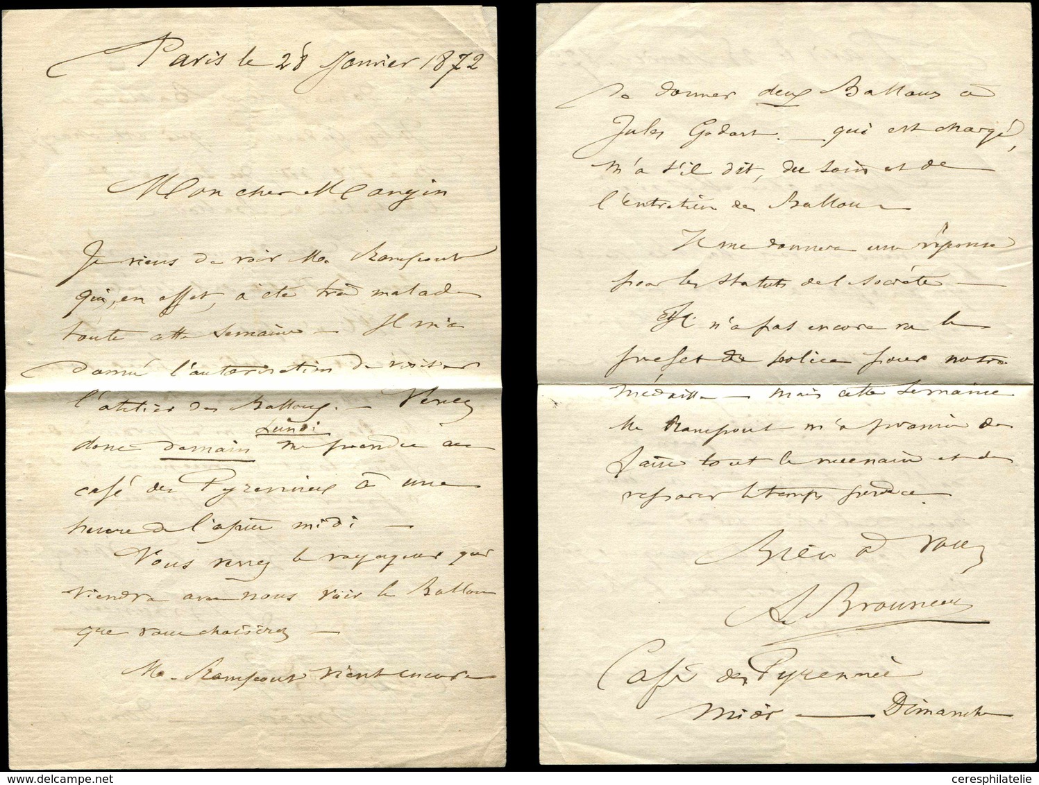 Let Commune De Paris -  Lettre Autographe Signée M. ROUSSEAU, Passager Ballon LE NEWTON, à M. Mangin, Datée 28/1/72, TB - Guerre De 1870