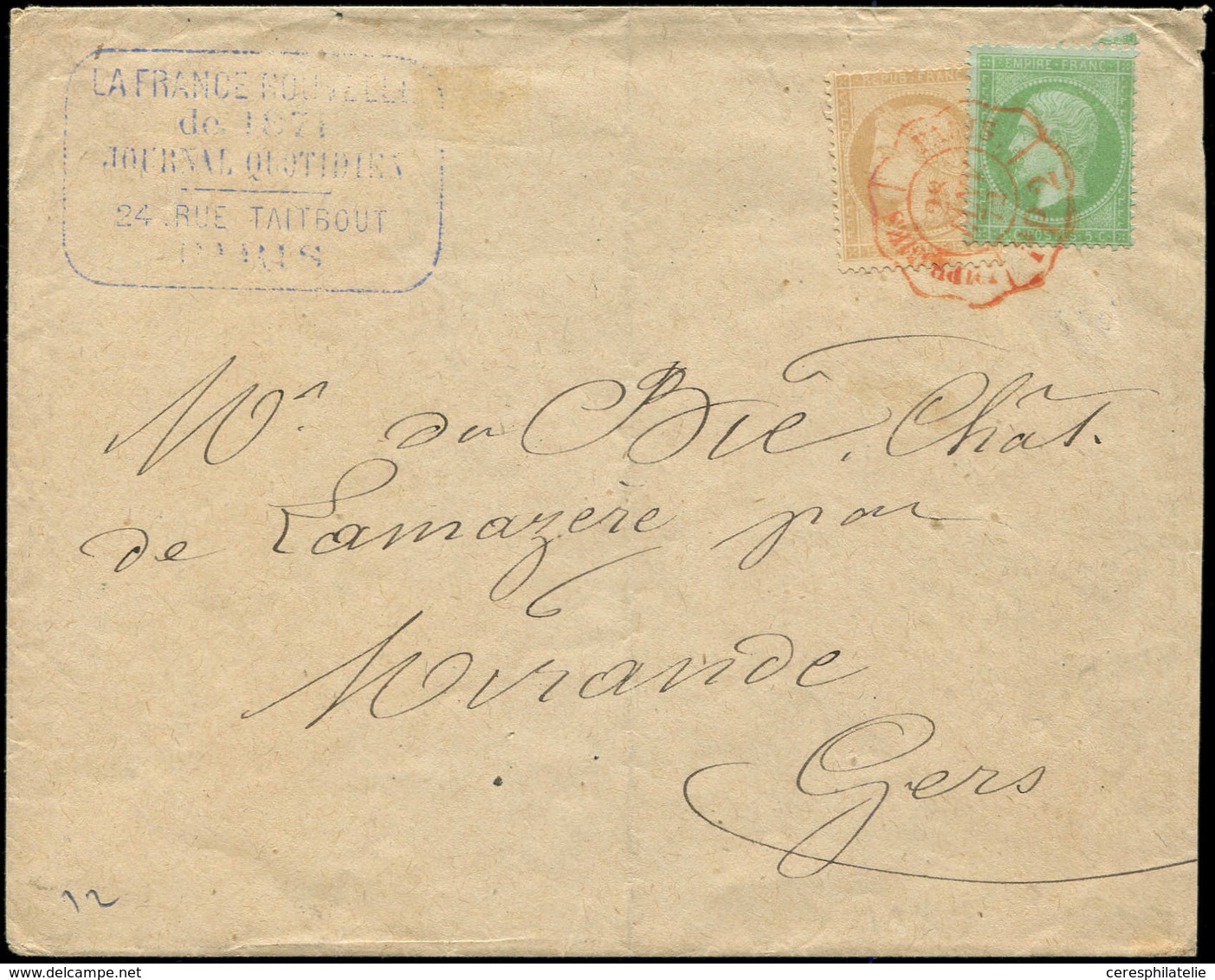 Let AFFRANCHISSEMENTS ET COMBINAISONS - N°20 Et 59 Obl. Càd ROUGE Ondulé PARIS IMPRIMES PP2 28/1/72 S. Env., RR Et TTB - 1849-1876: Période Classique