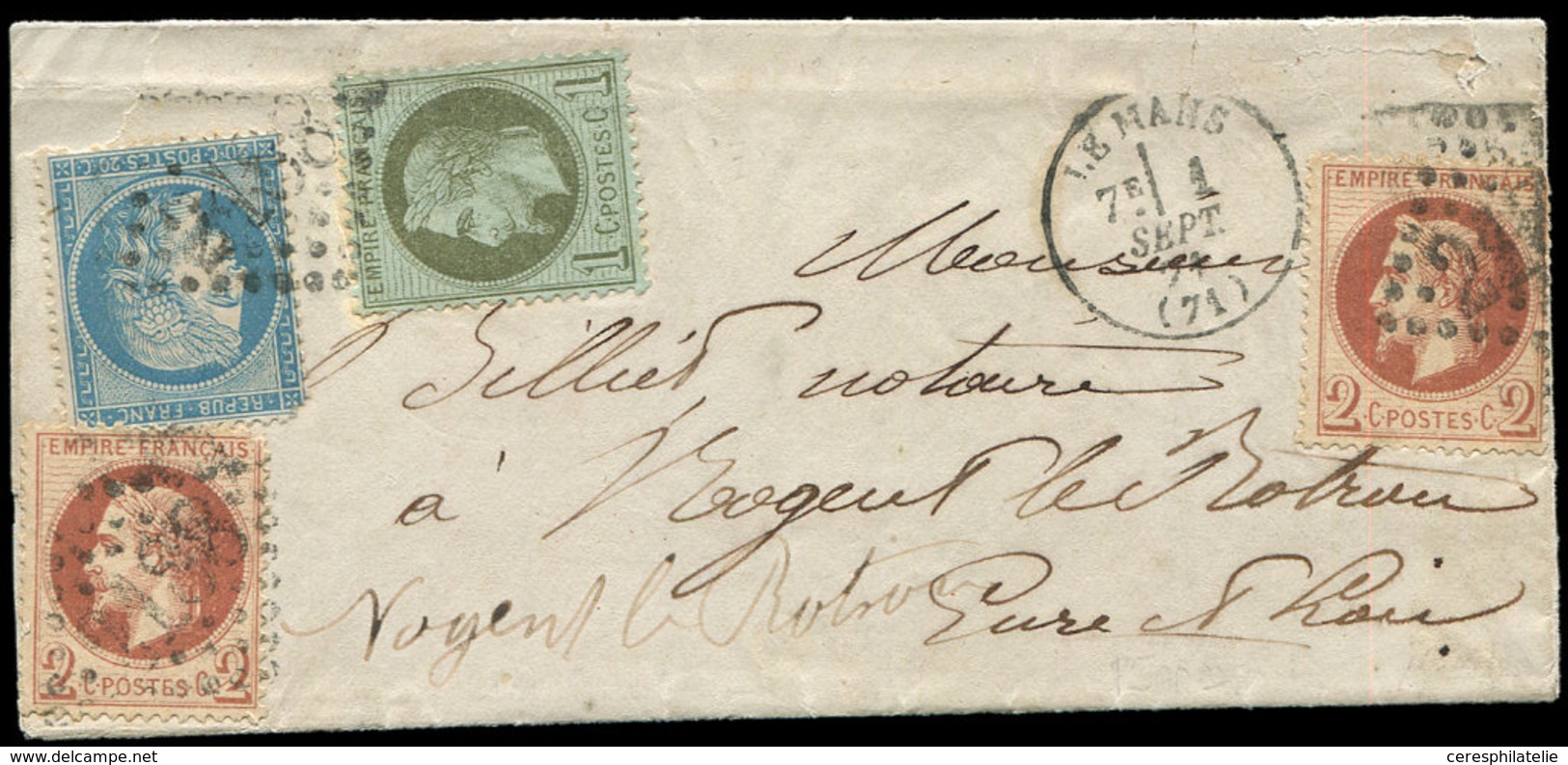 Let AFFRANCHISSEMENTS DE SEPTEMBRE 1871 - N°25, 26B (2) Et 37 Obl. GC 2188 S. LAC, Càd T16 LE MANS 1/9/71, 1er JOUR Du N - 1849-1876: Période Classique