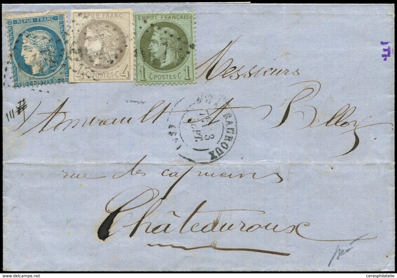 Let AFFRANCHISSEMENTS DE SEPTEMBRE 1871 - N°41B, 25 Et 37 Obl. GC 947 S. LAC, Càd T17 CHATEAUROUX 3/9/71, Arr. CHATEAURO - 1849-1876: Période Classique