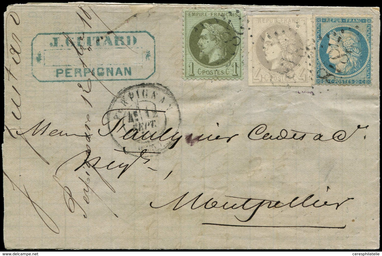 Let AFFRANCHISSEMENTS DE SEPTEMBRE 1871 - N°41B, 25 Et 37 Obl. GC 2818 S. LAC, Càd T17 PERPIGNAN 12/9/71, Arr. MONTPELLI - 1849-1876: Période Classique