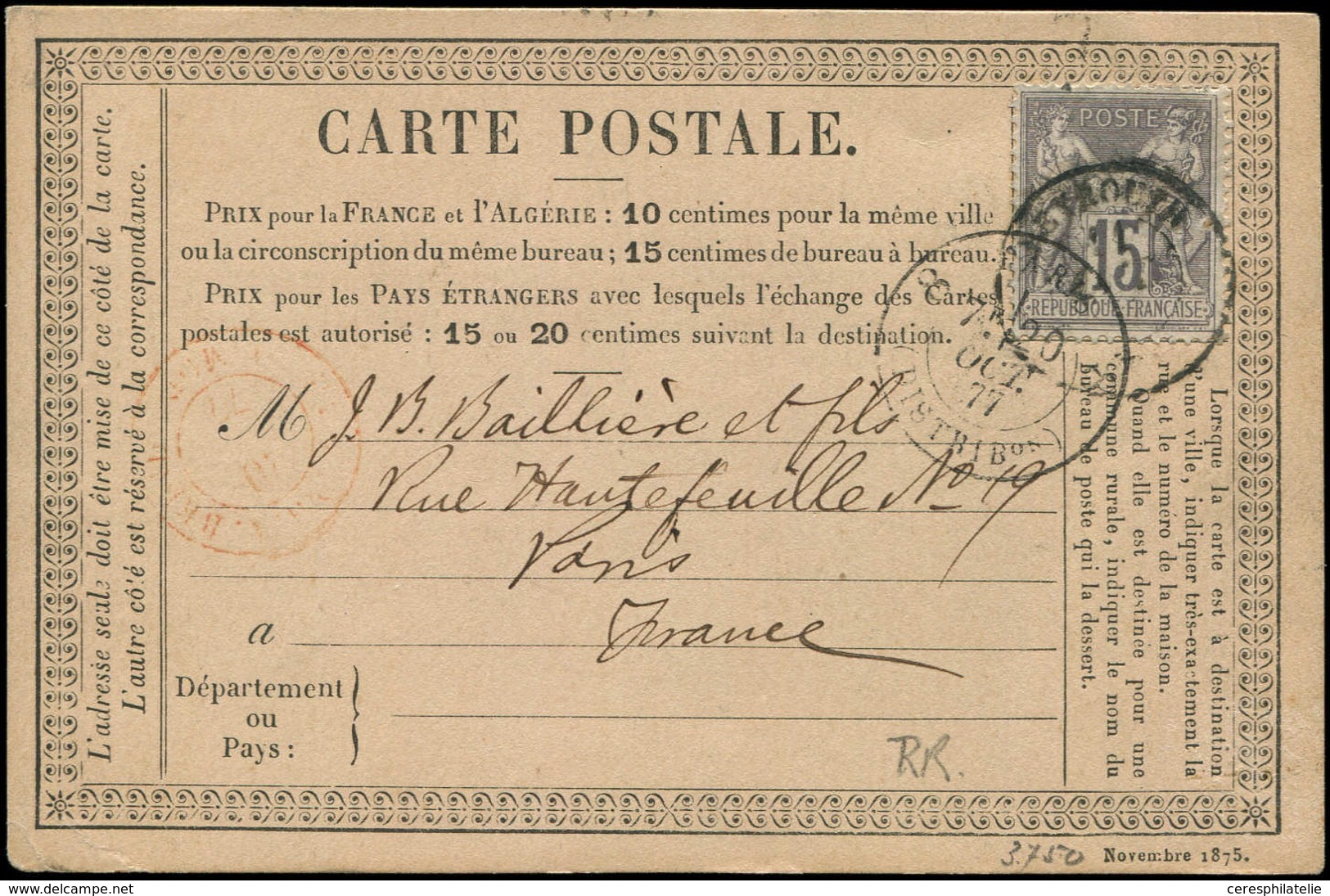 Let BUREAUX FRANCAIS A L'ETRANGER - N°77 Obl. Càd BEYROUTH 11/10/77 S. CP, Arr. PARIS Le 20/10, TB - 1849-1876: Période Classique