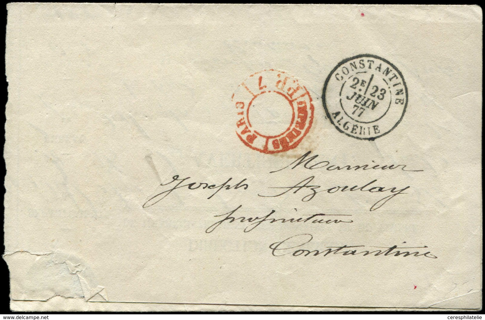 Let LETTRES ET OBLITERATIONS D'ALGERIE - Càd CONSTANTINE 23/6/77 Sur Avertissement, Cachet Rouge IMPRIMES/PARIS/P.P.7, T - 1849-1876: Période Classique