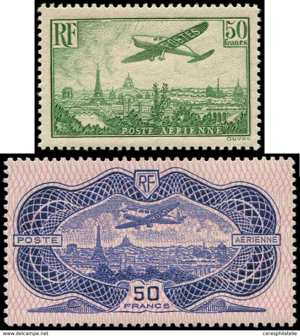 ** POSTE AERIENNE - 14/15 50f. Vert-jaune Et 50f. Burelage Rose, TB - 1927-1959 Neufs