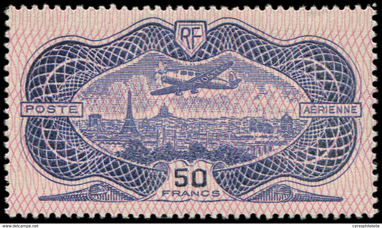 ** POSTE AERIENNE - 15b 50f. Burelage RENVERSE, TB - 1927-1959 Neufs