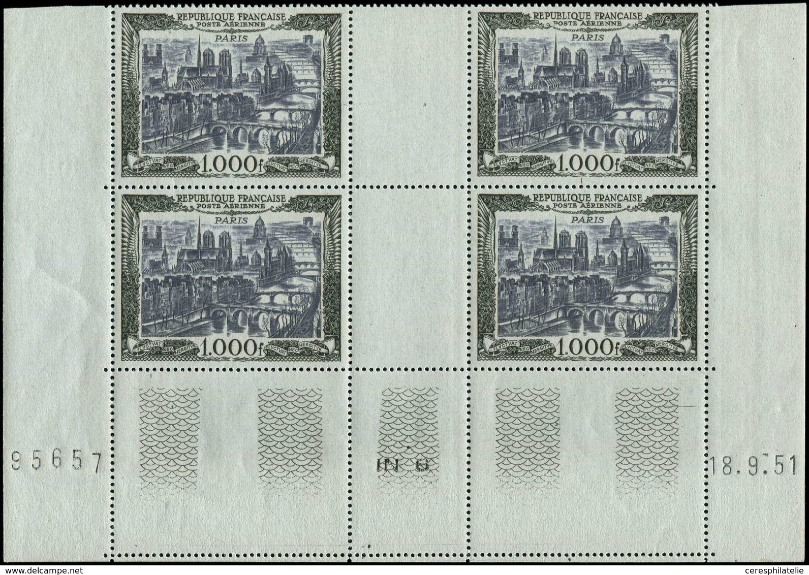 ** POSTE AERIENNE - 29  Paris, 1000f., BLOC De 4 CD 18/9/51, TB - 1927-1959 Neufs