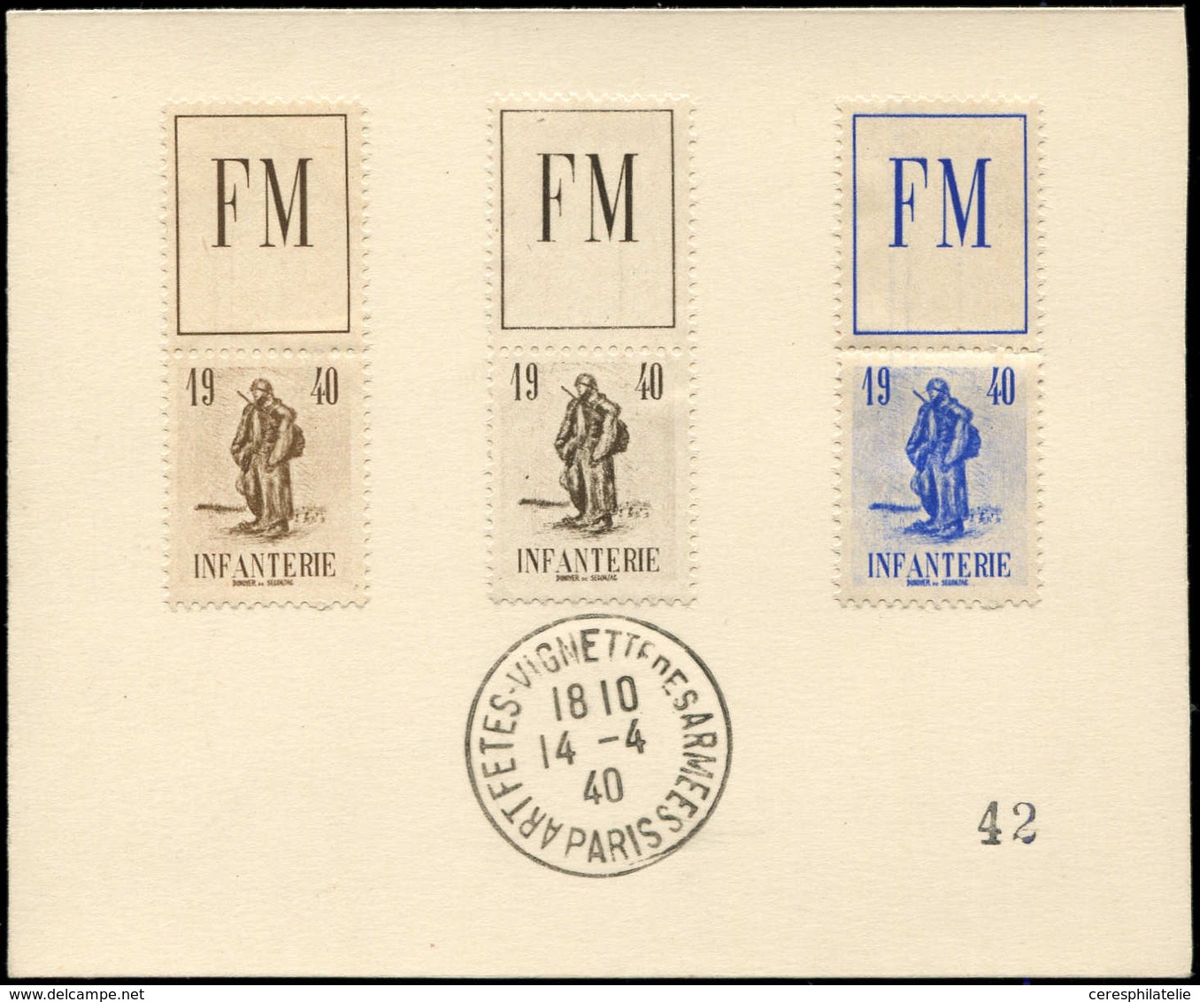 (*) FRANCHISE MILITAIRE - 10A  Infanterie, FM Brun, 3 Essais De Couleur Collés Sur Carton, Càd 14/4/40, TB - Timbres De Franchise Militaire