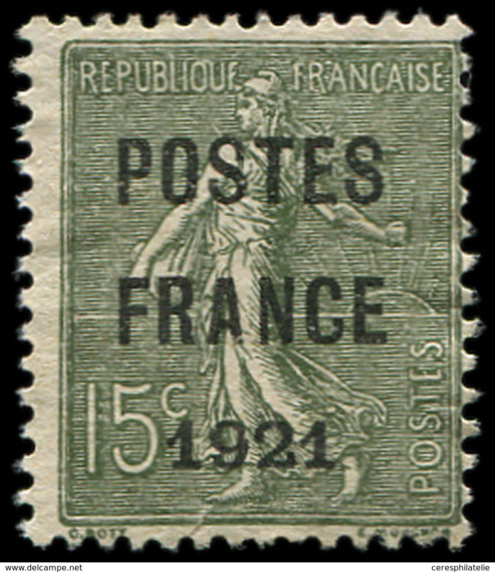 (*) PREOBLITERES - 34  15c. Vert-olive, POSTES FRANCE 1921, Petite Fente, Sinon TB - 1893-1947