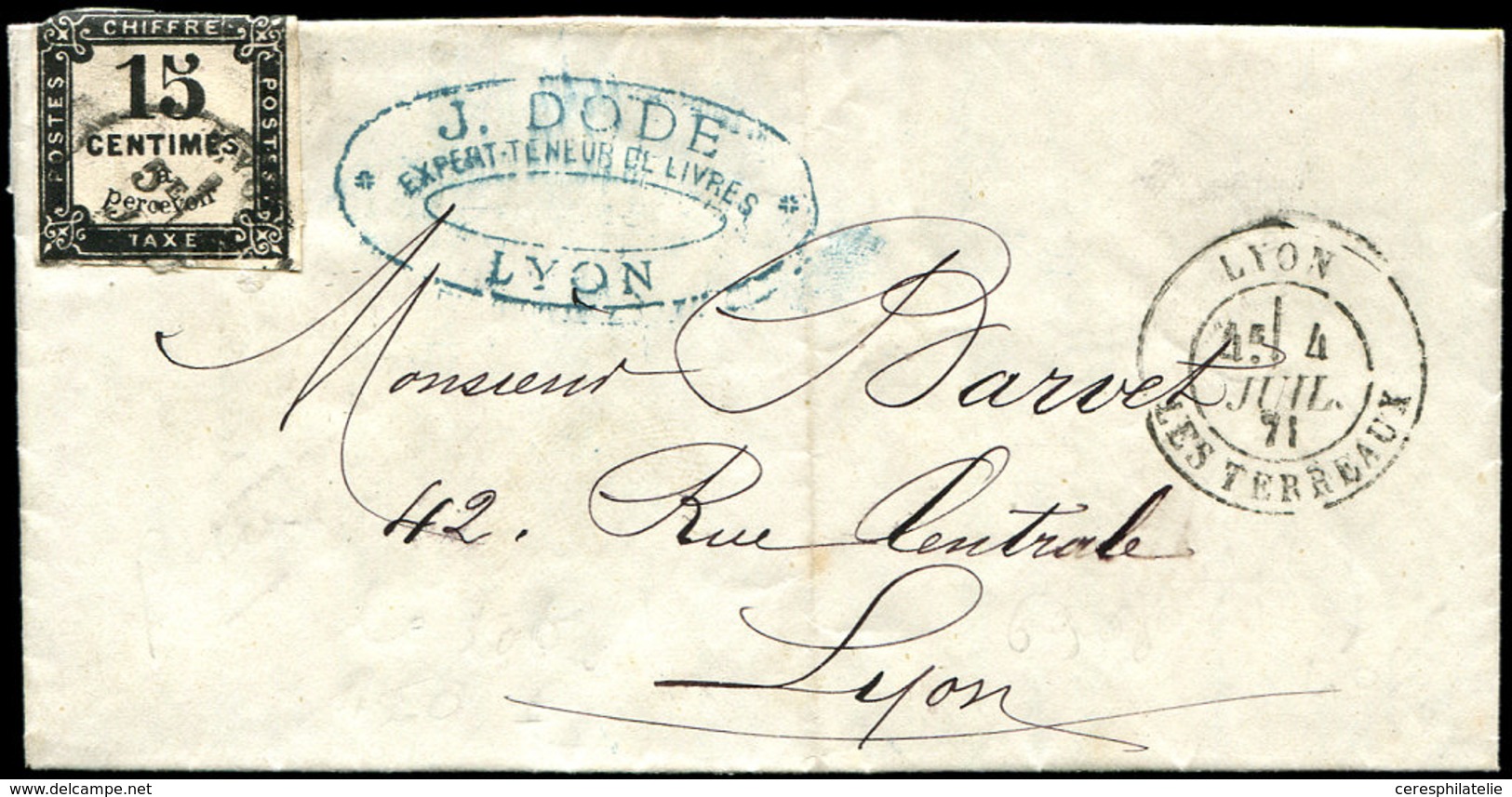 Let TAXE - 3   15c. Noir Typo, T I, Obl. Càd T16 Préoblitéré De Lyon S. LAC Locale, Càd Lyon Les Terreaux 4/7/71, B/TB - 1859-1959 Lettres & Documents