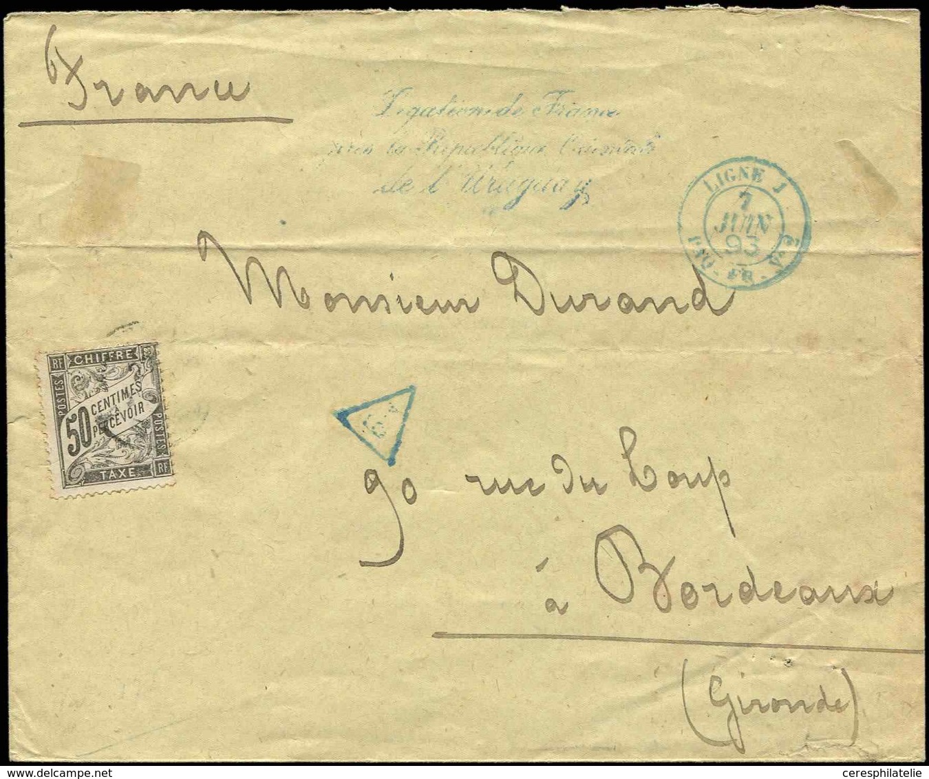 Let TAXE - 20  50c. Noir, Obl. Càd BORDEAUX 27/6/93 S. Env. Légation De France En Uruguay, Càd LIGNE J PAQ. FR. N°2 7/6, - 1859-1959 Lettres & Documents