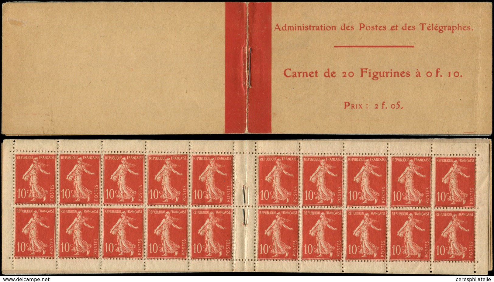 CARNETS (N°Cérès Jusqu'en1964) - 3    Semeuse Chiffres Maigres, 10c. Rouge, N°135B, T III, Couv. Postale Prix 2f.05, TB - Autres & Non Classés