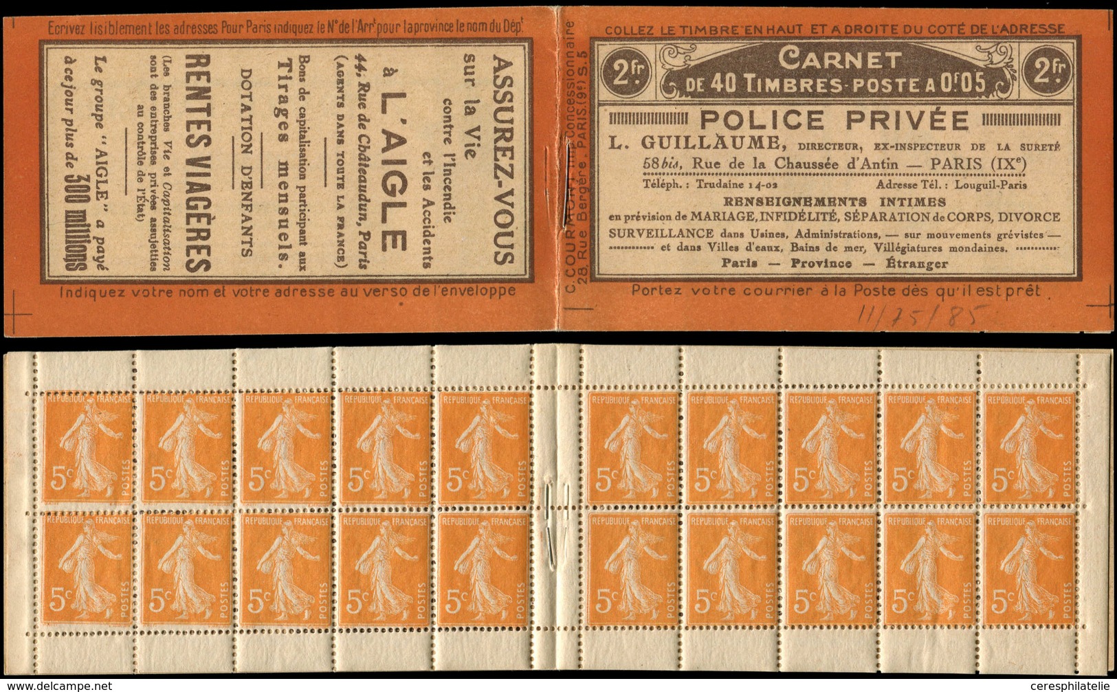 CARNETS (N°Cérès Jusqu'en1964) - 17   Semeuse Camée,  5c. Orange, N°158A, T IIA, S. 5, POLICE PRIVEE, TB - Autres & Non Classés