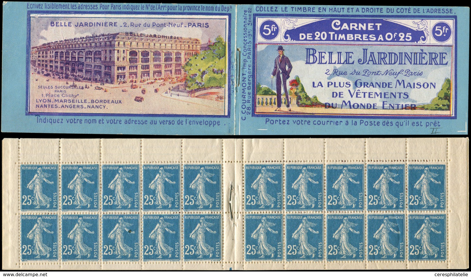 CARNETS (N°Cérès Jusqu'en1964) - 32   Semeuse Camée, 25c. Bleu, N°140B, T II, S. 22, BELLE JARDINIERE, TB - Sonstige & Ohne Zuordnung