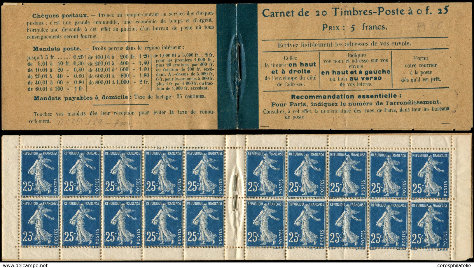 CARNETS (N°Cérès Jusqu'en1964) - 48   Semeuse Camée, 25c. Bleu, N°140F, T IV, Couv. Postale, Qqs Légères Rousseurs, Sino - Autres & Non Classés