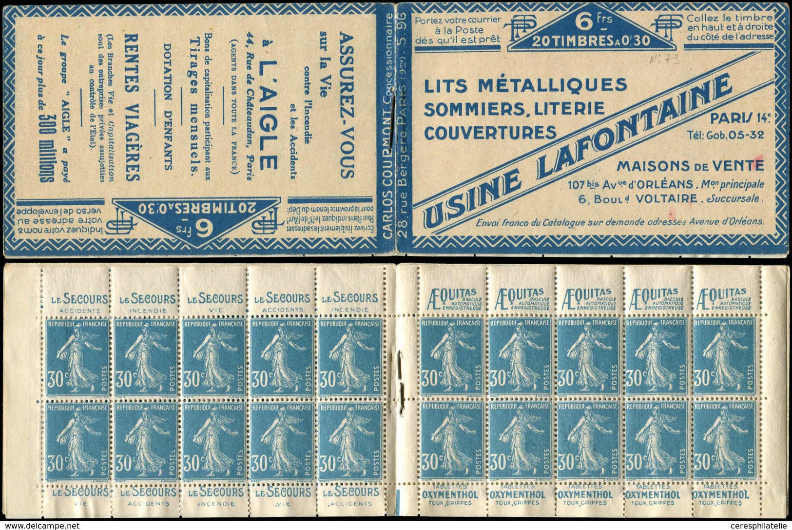 CARNETS (N°Cérès Jusqu'en1964) - 54   Semeuse Camée, 30c. Bleu, N°192A, T IIB, S. 96, USINE LAFONTAINE-L'AIGLE, Qqs Adh. - Autres & Non Classés