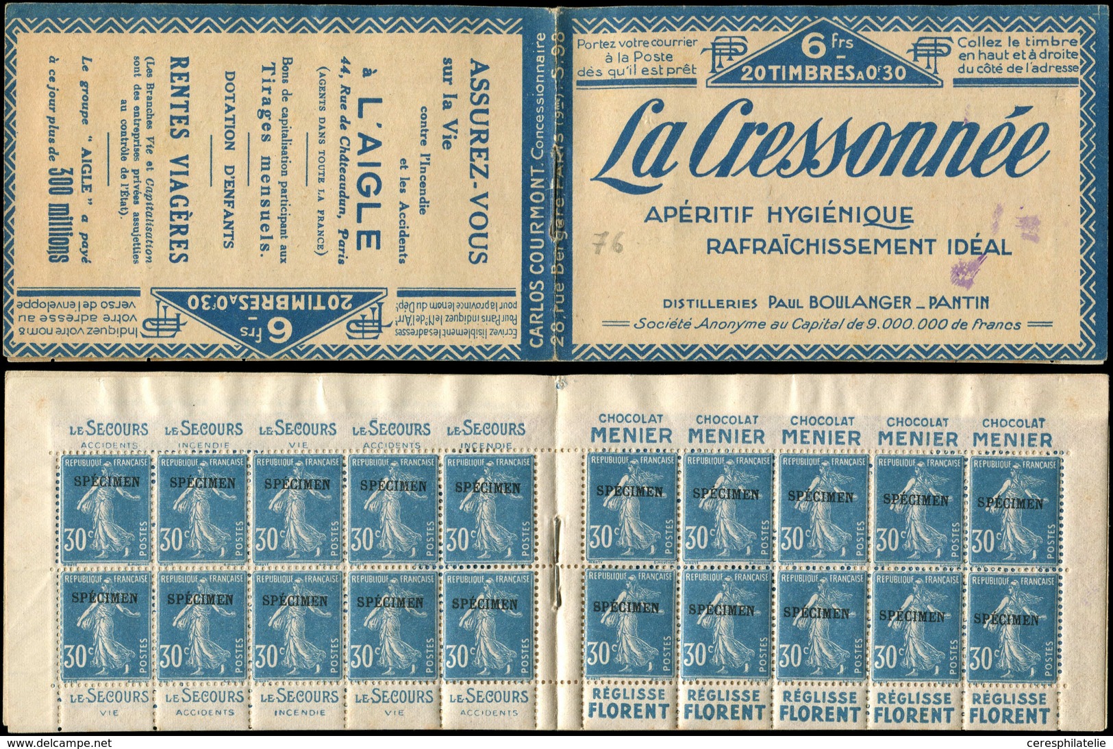 CARNETS (N°Cérès Jusqu'en1964) - 56a  Semeuse Camée, 30c. Bleu, N°192A, T IIB, S. 98-A, Surch. SPECIMEN, LA CRESSONNEE-L - Autres & Non Classés