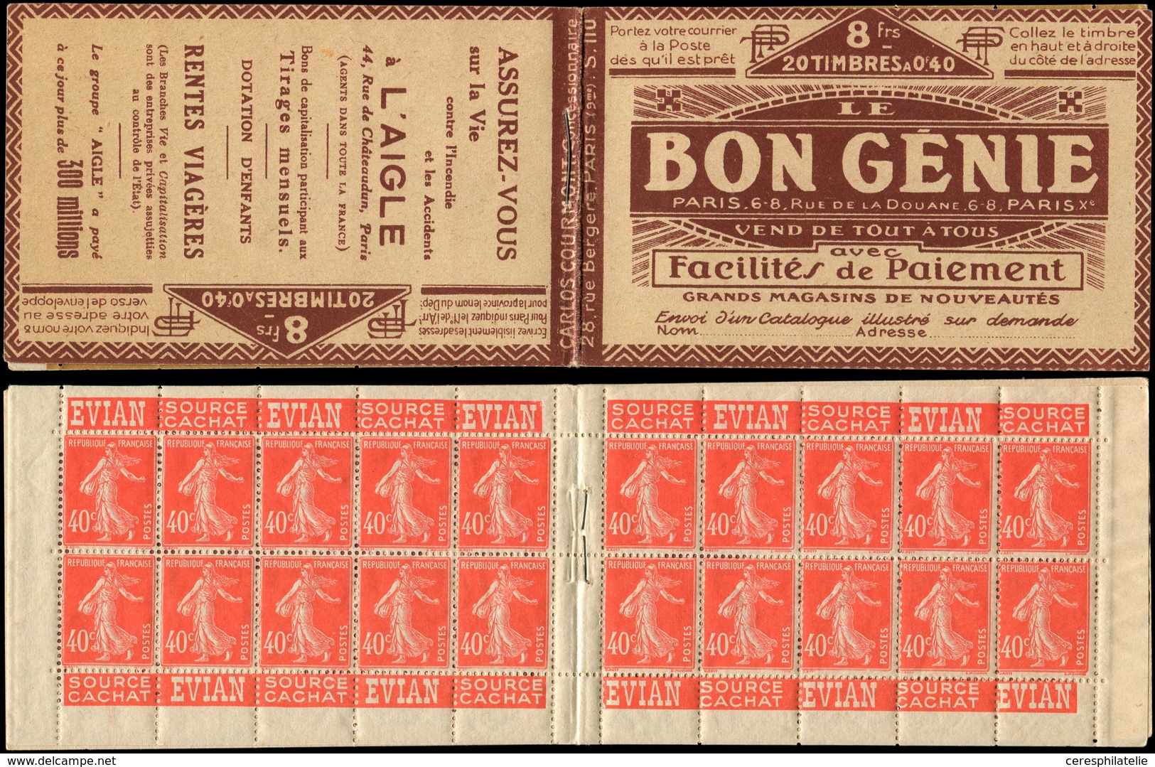 CARNETS (N°Cérès Jusqu'en1964) - 62   Semeuse Camée, 40c. Vermillon, N°194A, T I, S. 110, BON GENIE-L'AIGLE, TB - Autres & Non Classés