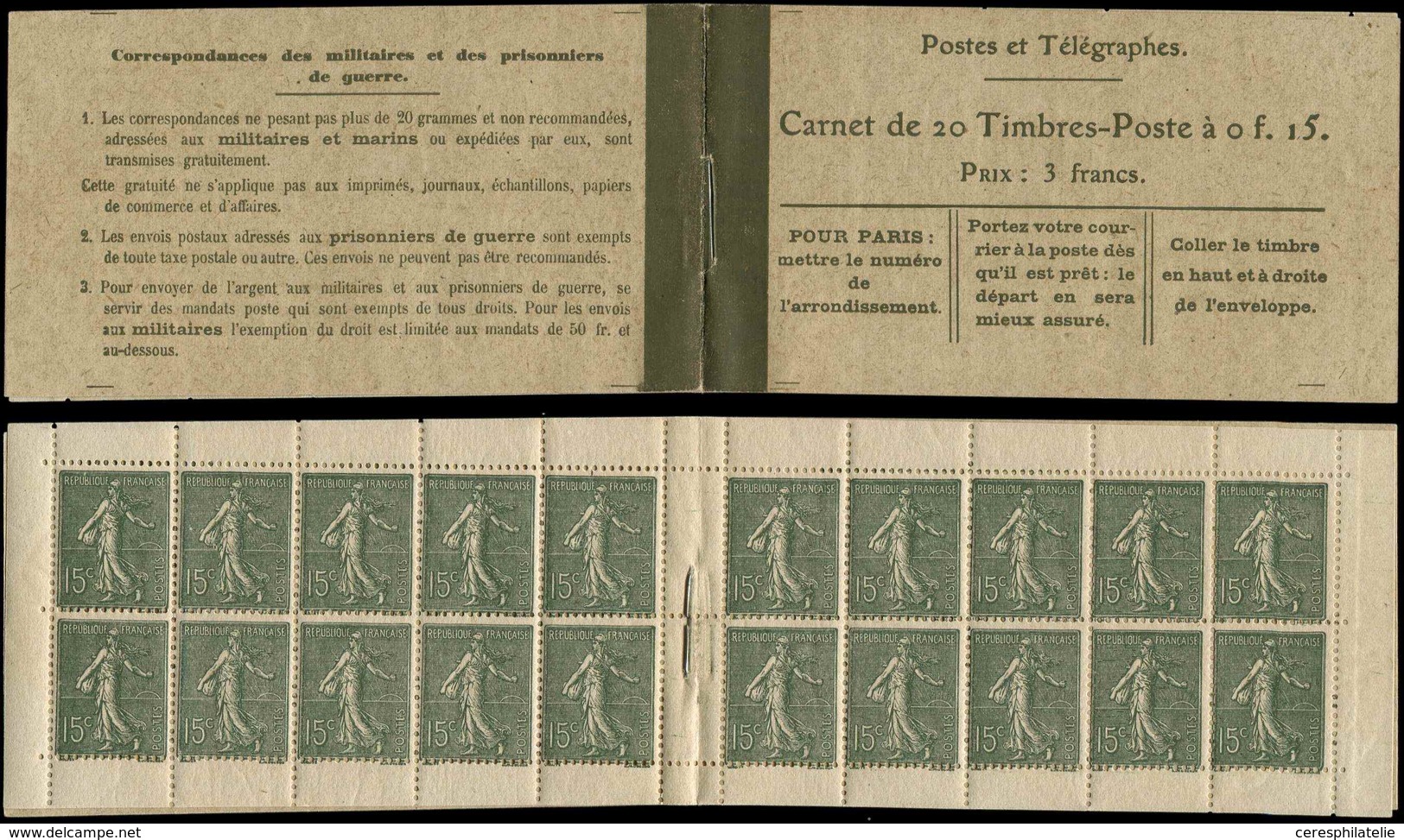 CARNETS (N°Cérès Jusqu'en1964) - 69   Semeuse Lignée, 15c. Vert-olive, N°130D, T V, Couverture Postale (4 Pages), Papier - Autres & Non Classés