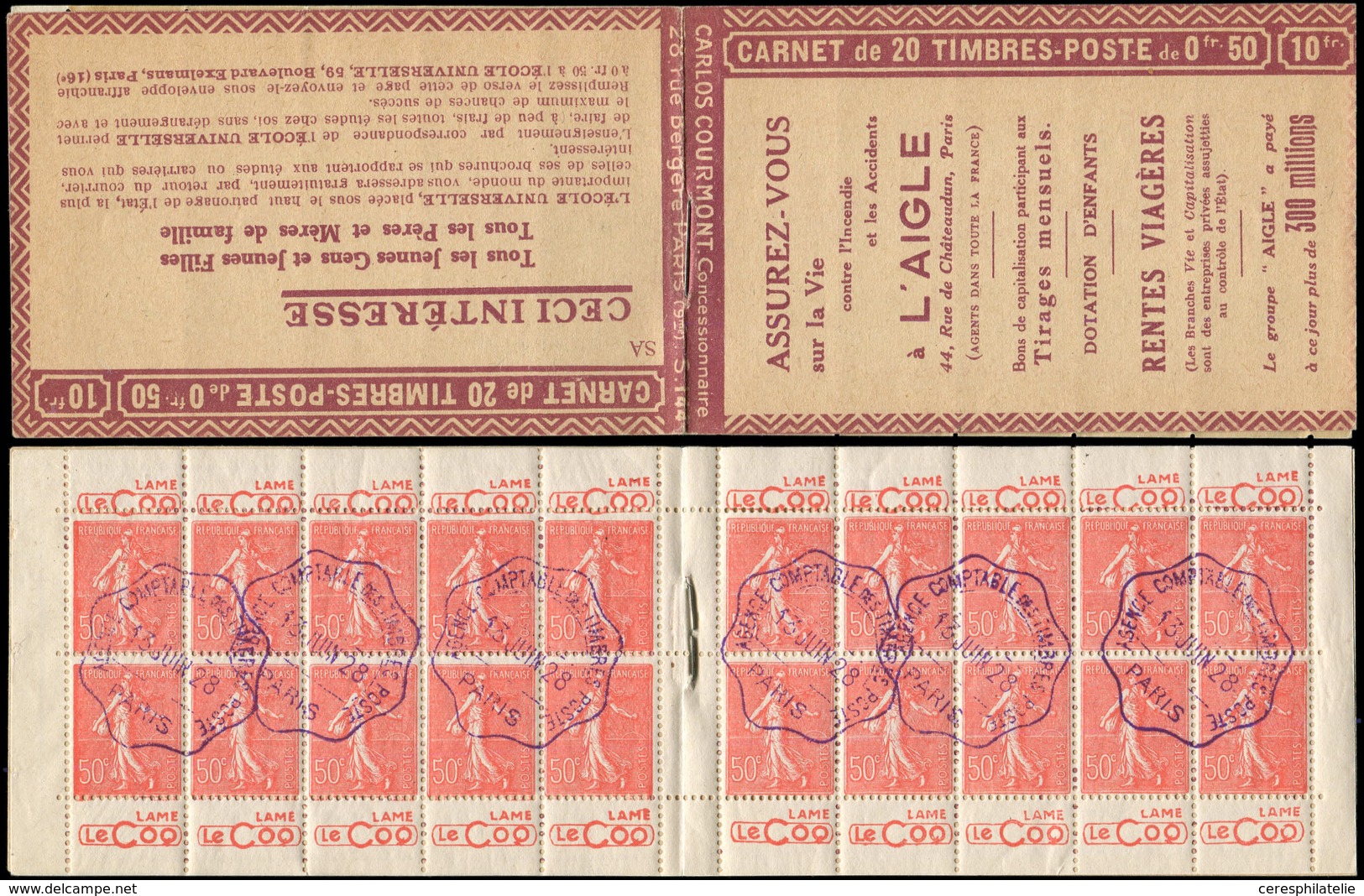 CARNETS (N°Cérès Jusqu'en1964) - 74a  Semeuse Lignée, 50c. Rouge, N°199A, T I, S. 144 SA, L'AIGLE, Annulation De L'Agenc - Autres & Non Classés