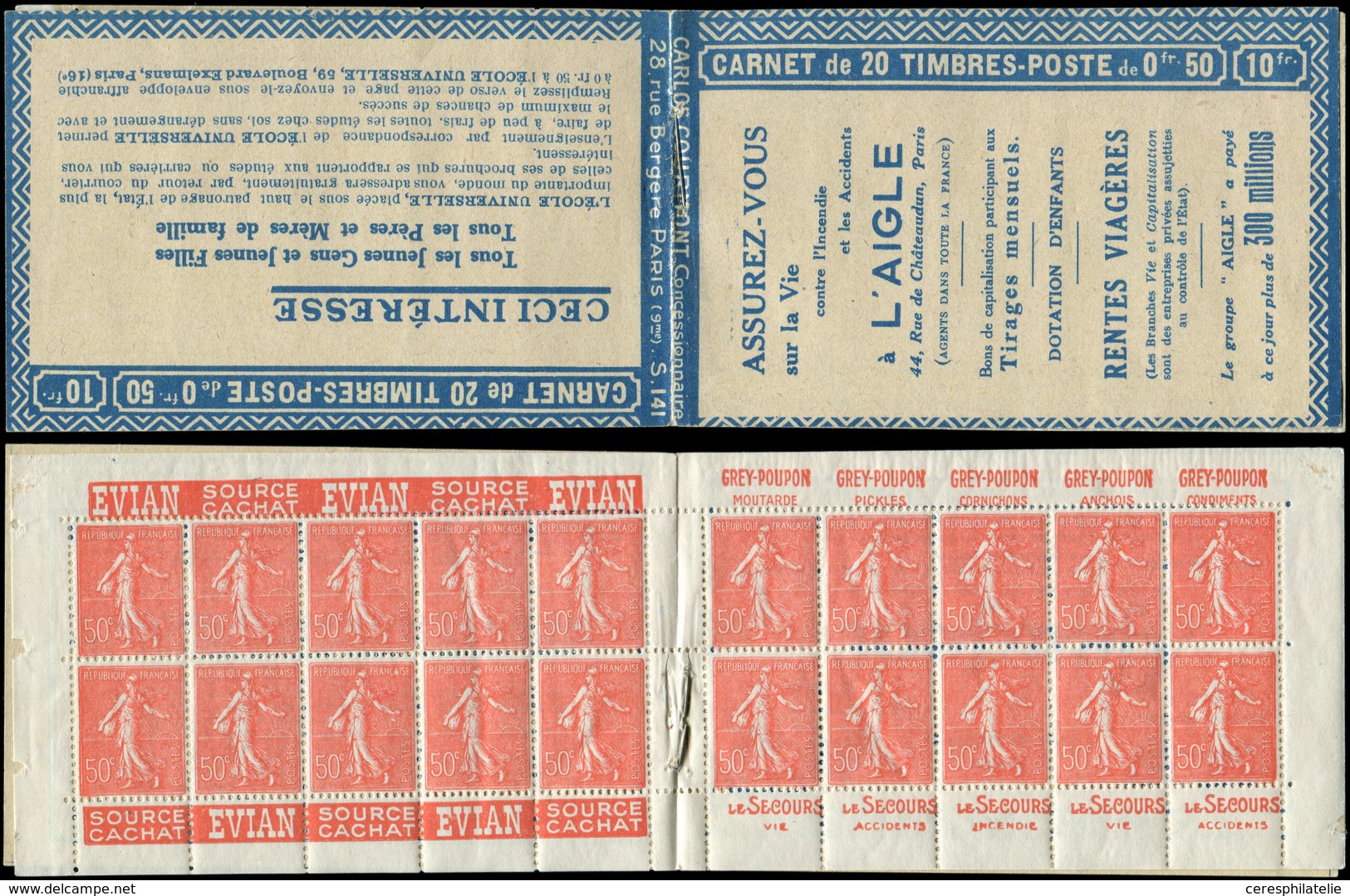 CARNETS (N°Cérès Jusqu'en1964) - 80   Semeuse Lignée, 50c. Rouge, N°199A, T I, S. 141, L'AIGLE, TB - Altri & Non Classificati