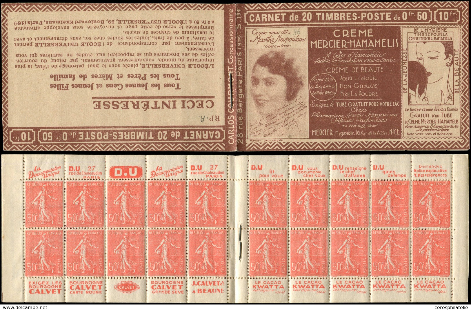 CARNETS (N°Cérès Jusqu'en1964) - 96   Semeuse Lignée, 50c. Rouge, N°199B, T IIB, S. 194 RP-A, MERCIER NESPOULOUS, Un Ex. - Autres & Non Classés