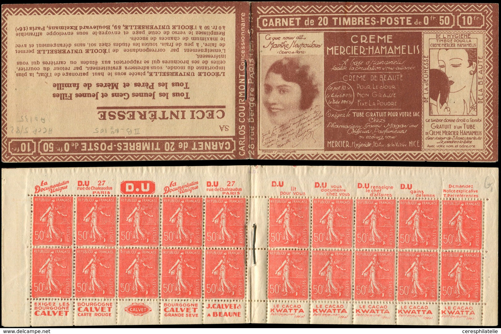 CARNETS (N°Cérès Jusqu'en1964) - 96   Semeuse Lignée, 50c. Rouge, N°199B, T IIB, S. 194, HAMAMELIS, Haut De Feuille, TB - Autres & Non Classés