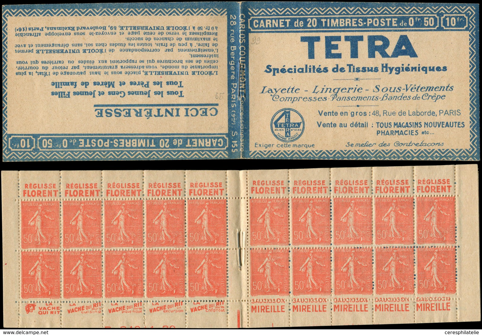 CARNETS (N°Cérès Jusqu'en1964) - 99   Semeuse Lignée, 50c. Rouge, N°199B, T IIB, S. 155, TETRA, Bas De Feuille (amorce D - Autres & Non Classés