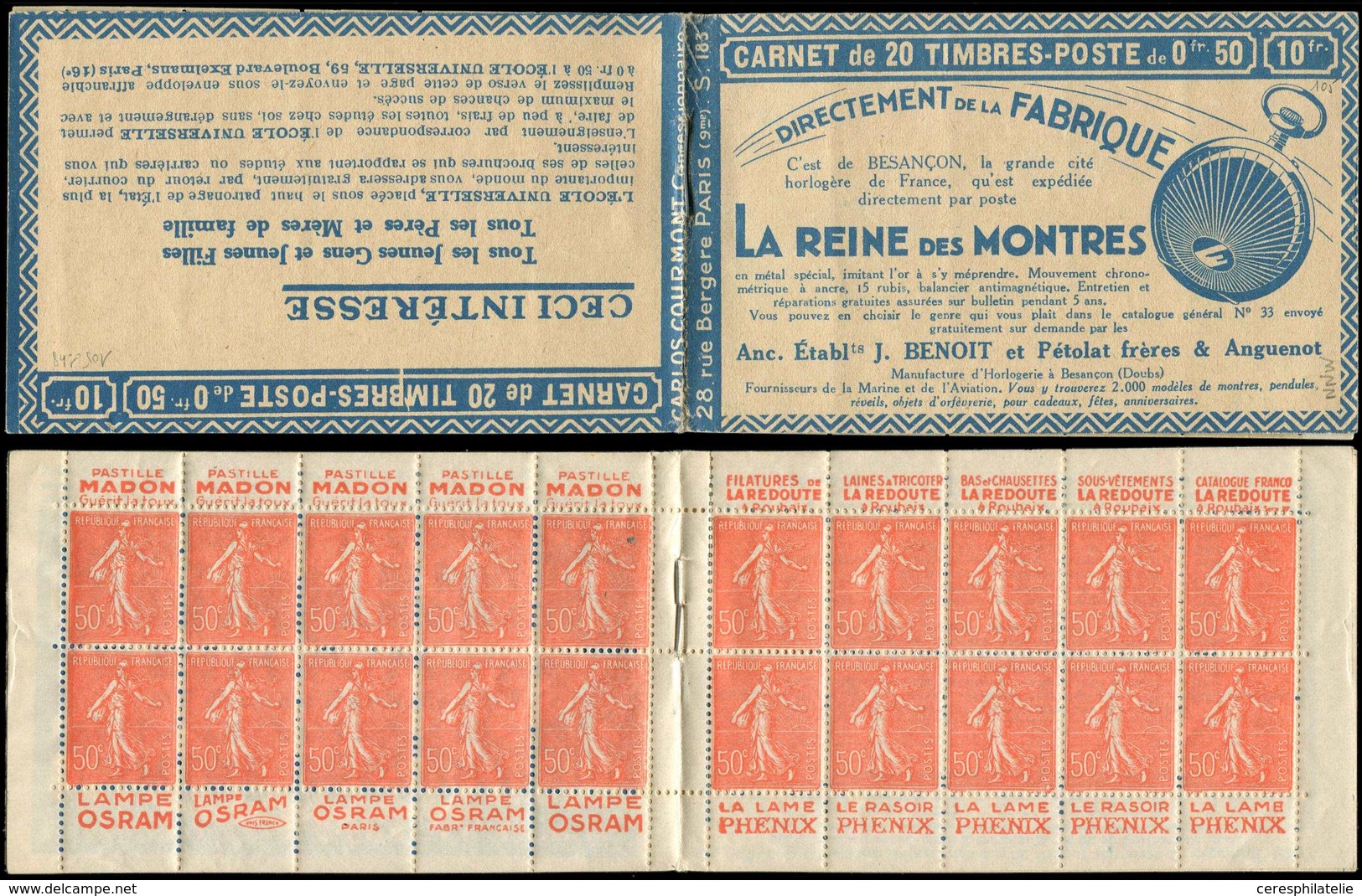 CARNETS (N°Cérès Jusqu'en1964) - 105  Semeuse Lignée, 50c. Rouge, N°199B, T IIB, S. 183 A, LA REINE DES MONTRES, TB - Autres & Non Classés