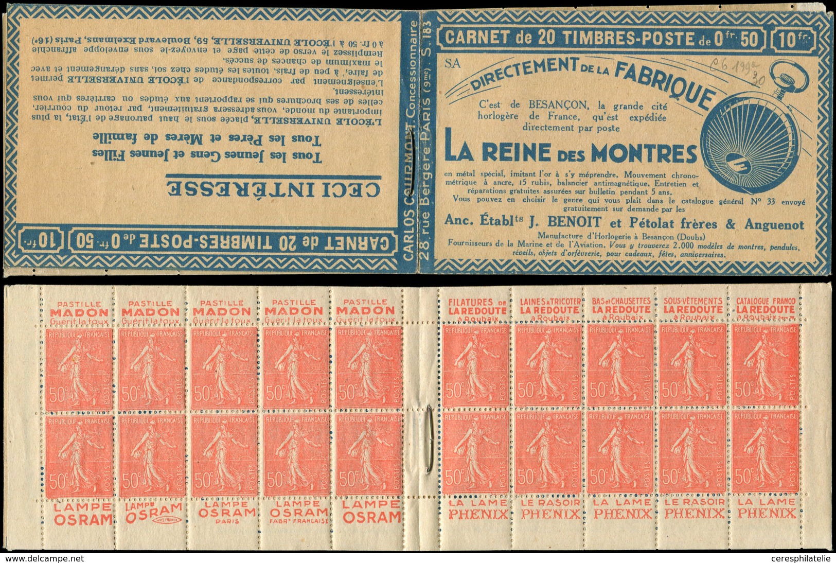 CARNETS (N°Cérès Jusqu'en1964) - 105  Semeuse Lignée, 50c. Rouge, N°199B, T IIB, S. 183-SA, REINE DES MONTRES, TB - Autres & Non Classés