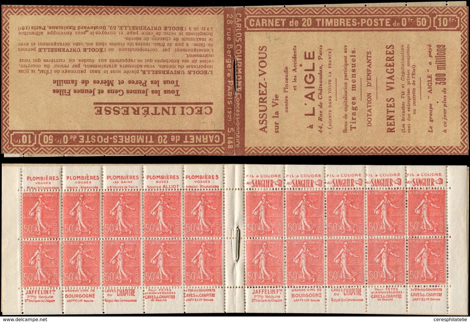 CARNETS (N°Cérès Jusqu'en1964) - 108  Semeuse Lignée, 50c. Rouge, N°199B, T IIB, S. 148, L'AIGLE, TTB - Autres & Non Classés