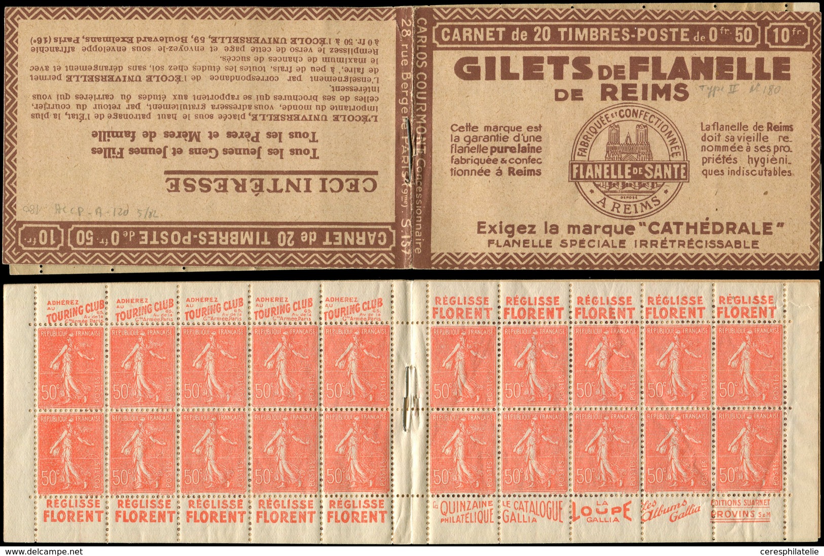 CARNETS (N°Cérès Jusqu'en1964) - 115  Semeuse Lignée, 50c. Rouge, N°199B, T IIB, S. 157, GILETS De FLANELLE, Qqs Froissu - Autres & Non Classés