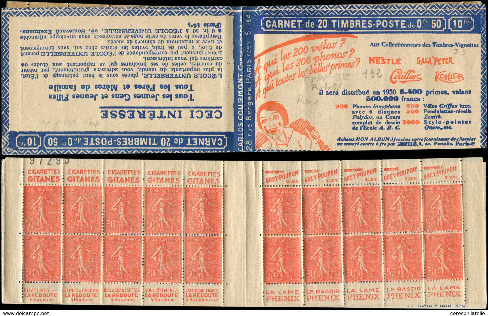 CARNETS (N°Cérès Jusqu'en1964) - 128  Semeuse Lignée, 50c. Rouge, N°199D, T IV, S. 184, NESTLE, 2 Légères Rousseurs Sur - Autres & Non Classés