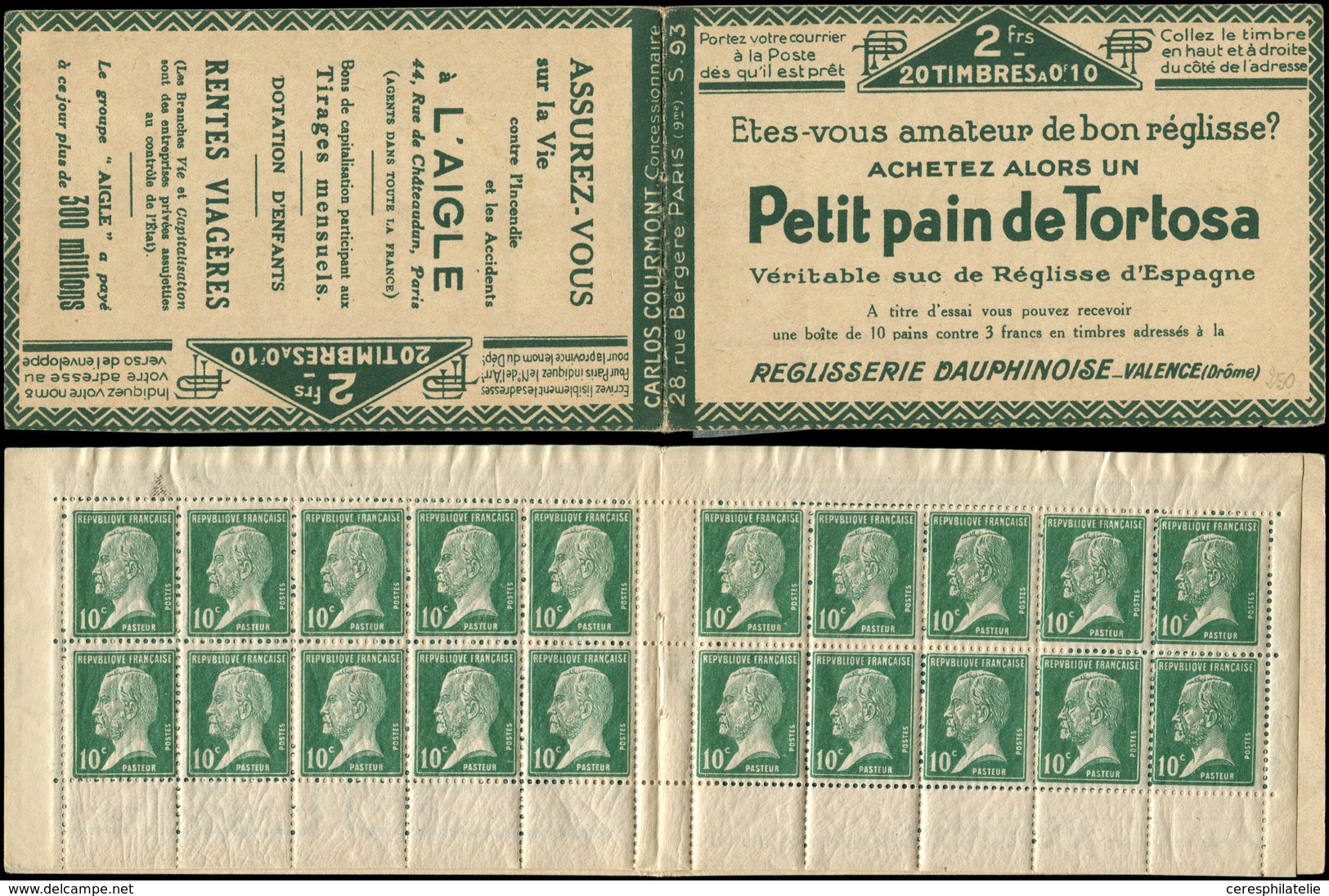 CARNETS (N°Cérès Jusqu'en1964) - 138  Pasteur, 10c. Vert, N°170, S. 93, TORTOSA-L'AIGLE, Haut De Feuille, Sans Agrafe, S - Autres & Non Classés