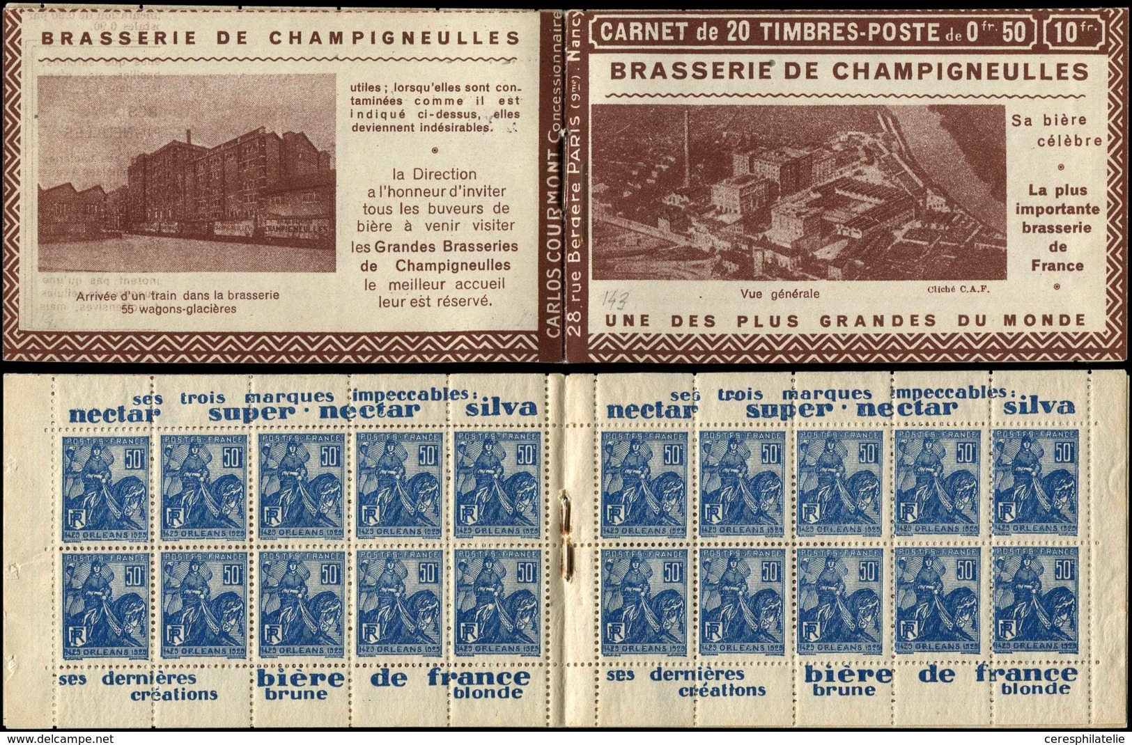 CARNETS (N°Cérès Jusqu'en1964) - 143  Jeanne D'Arc, 50c. Bleu, N°257, T I, S. Nancy, CHAMPIGNEULLES, Légères Adh., TB - Autres & Non Classés