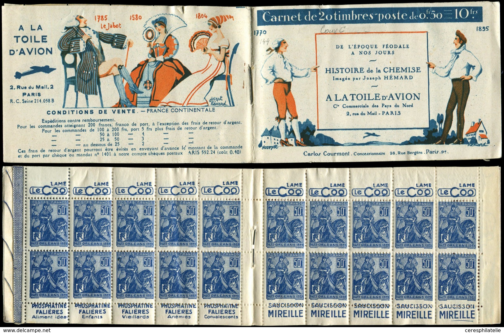 CARNETS (N°Cérès Jusqu'en1964) - 144  Jeanne D'Arc, 50c. Bleu, N°257, T I, S. Histoire De Chemise, A LA TOILE D'AVION, P - Autres & Non Classés