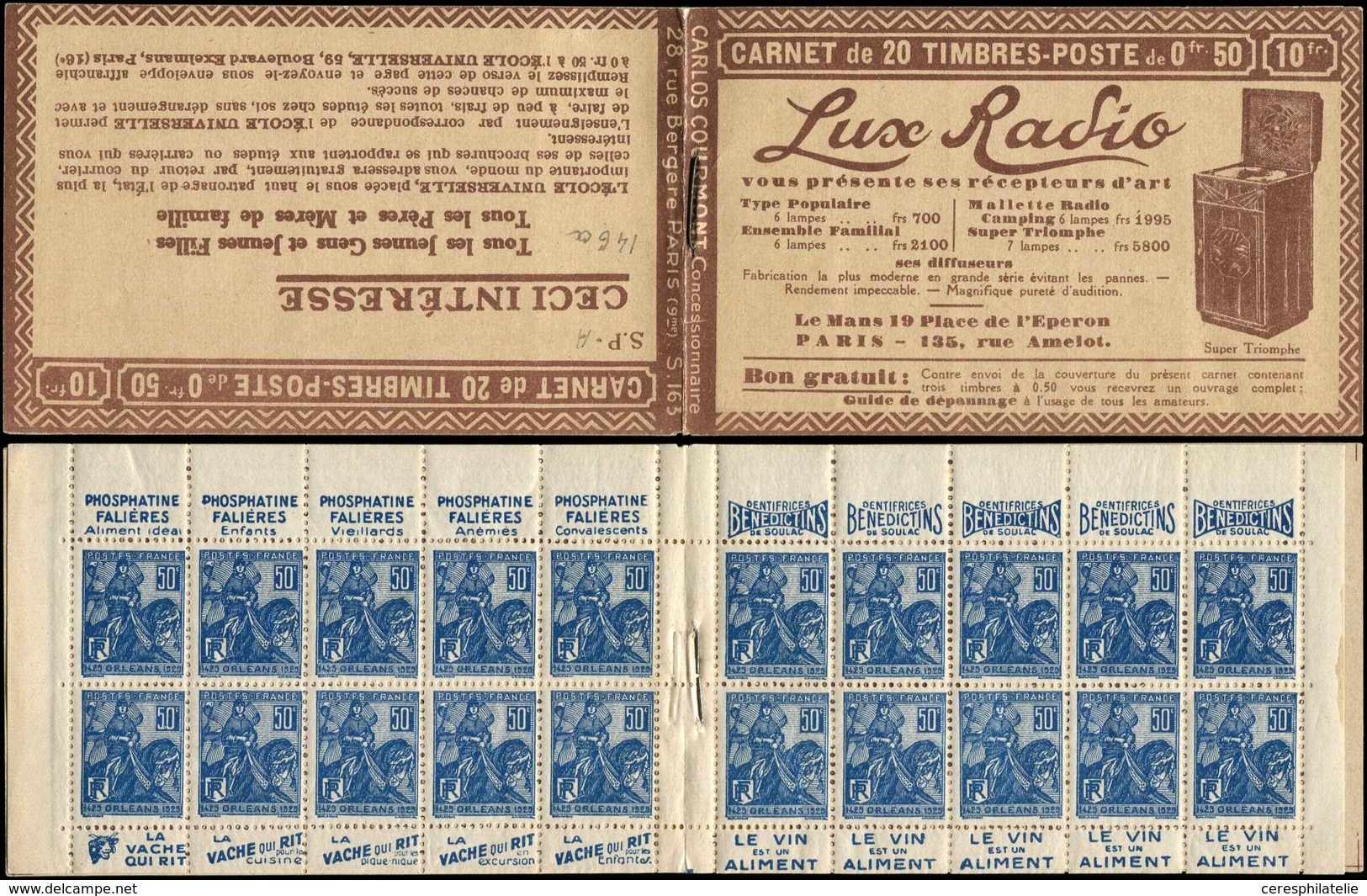 CARNETS (N°Cérès Jusqu'en1964) - 146a Jeanne D'Arc, 50c. Bleu, N°257, T I, S. 163 SP-A, LUX RADIO, R Brisé En Case 5, R, - Autres & Non Classés