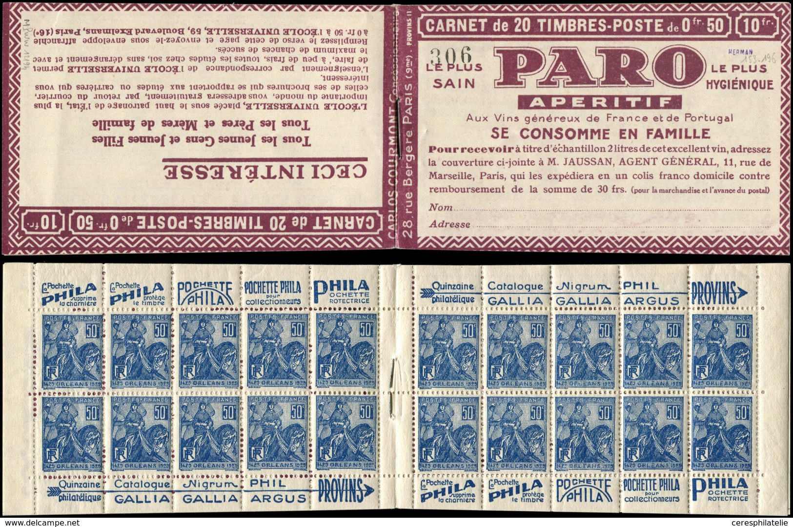 CARNETS (N°Cérès Jusqu'en1964) - 153a Jeanne D'Arc, 50c. Bleu, N°257, T I, S. Provins II, PARO, Timbres Signés Herman, T - Autres & Non Classés